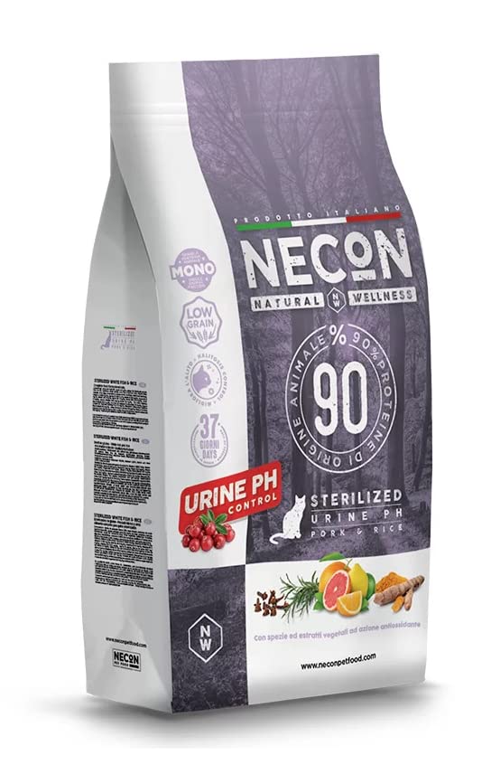 Necon Natural Wellness Crocchette per Gatti Adulti Sterilizzati - Controllo Ph Urine - Gusto Maiale e Riso 1,5 Kg