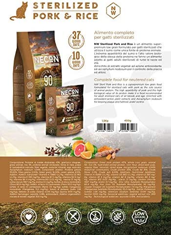 Necon Pet Food Natural Wellness Sterilizzato Maiale & Riso 400 g, Cibo per Gatti SterilizzatI