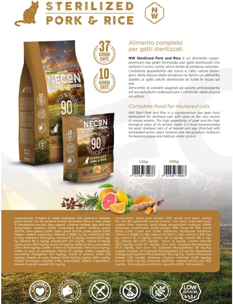 NECON NATURAL WELLNESS - Crocchette per Gatto sterilizzato -Gusto Maiale 1,5 kg