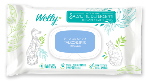 Welly Salviette Detergenti Talco e Iris Per Cani E Gatti