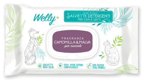 Welly Salviette Detergenti Camomilla e Malva Per Cani e Gatti Cuccioli