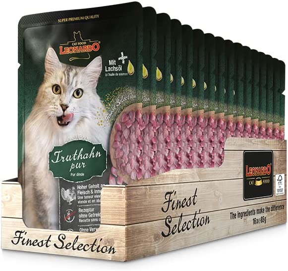 LEONARDO® Finest Selection Buste [16x85g Pura carne di tacchino] | Cibo umido senza cereali per gatti adulti