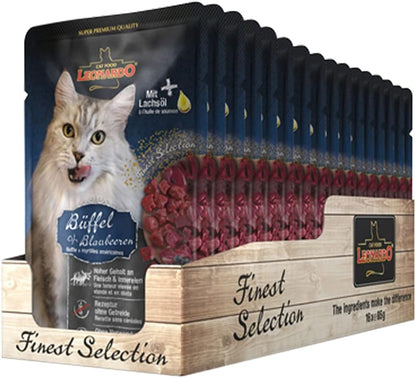 LEONARDO® Finest Selection Buste [16x85g Bufalo + Mirtilli] | Cibo umido senza cereali per gatti adulti