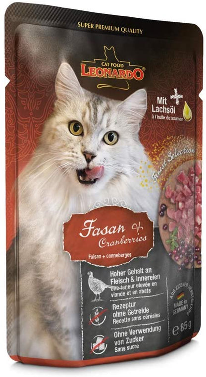 LEONARDO® Finest Selection Buste [16x85g Fagiano + Cranberries] | Cibo umido senza cereali per gatti adulti