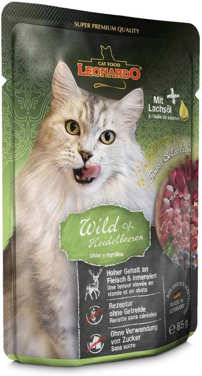 LEONARDO® Finest Selection Buste [16x85g Selvaggina + Mirtilli] | Cibo umido senza cereali per gatti adulti