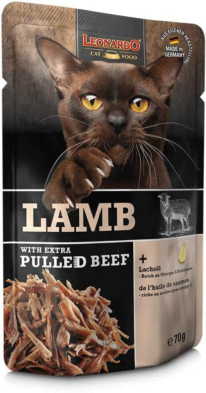 LEONARDO® Extra Pulled Beef -  [16x70g Agnello con straccetti di carne di manzo] Pulled Beef | Cibo umido senza cereali per gatti adulti
