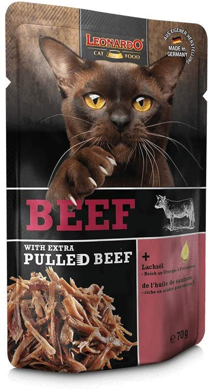 LEONARDO® Extra Pulled Beef  [16x70g Manzo con straccetti di carne di manzo] Pulled Beef | Cibo umido senza cereali per gatti | Alimento completo per gatti