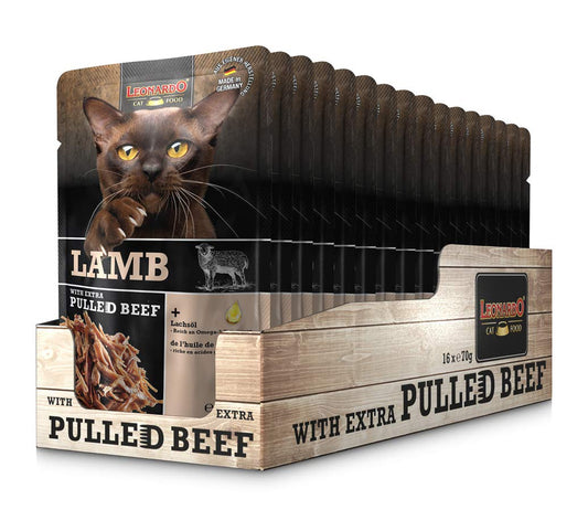 LEONARDO® Extra Pulled Beef -  [16x70g Agnello con straccetti di carne di manzo] Pulled Beef | Cibo umido senza cereali per gatti adulti