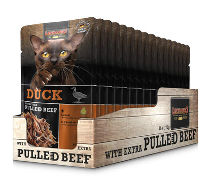 LEONARDO® Extra Pulled Beef  [16x70g Anatra con straccetti di carne di manzo] Pulled Beef | Cibo umido senza cereali per gatti adulti