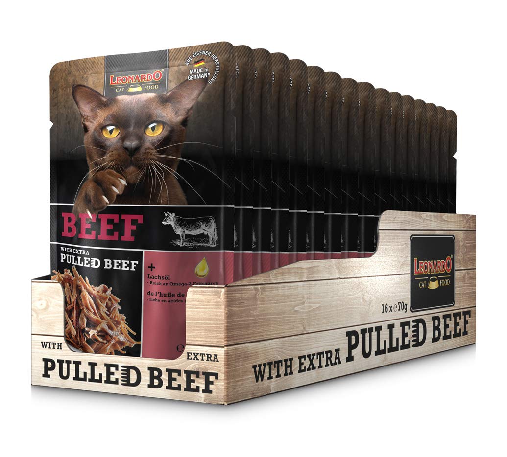 LEONARDO® Extra Pulled Beef  [16x70g Manzo con straccetti di carne di manzo] Pulled Beef | Cibo umido senza cereali per gatti | Alimento completo per gatti