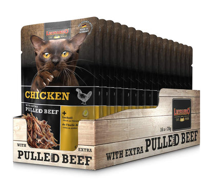 LEONARDO® Extra Pulled Beef  [16x70g Pollo con straccetti di carne di manzo] Pulled Beef | Cibo umido senza cereali per gatti Adulti
