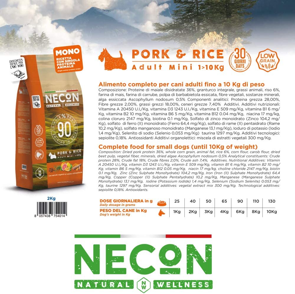 NECON PET FOOD Natural Wellness Maiale & Riso 2 kg, Cibo per Cani Adulti fino a 10 Kg
