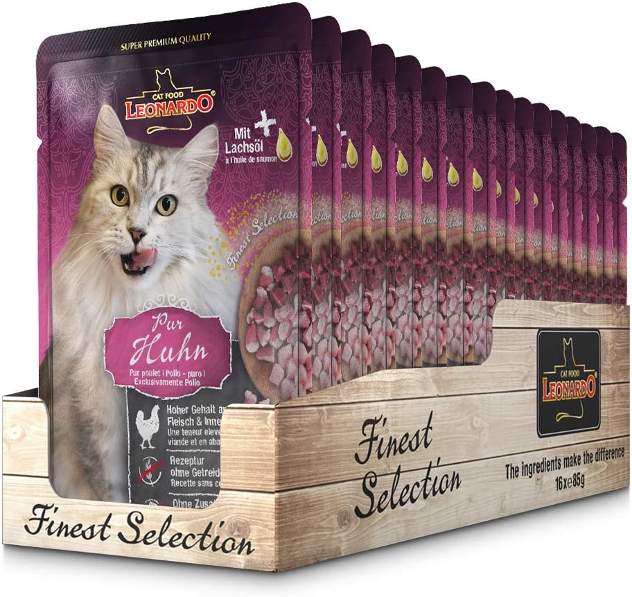 LEONARDO® Finest Selection Buste[16x85g Pollo - puro] | Cibo umido senza cereali per gatti Adulti