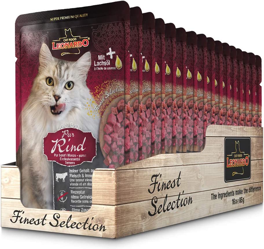 LEONARDO® Finest Selection Buste [16x85g Manzo - puro] | Cibo umido senza cereali per gatti Adulti