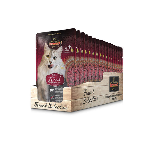 LEONARDO® Finest Selection Buste [16x85g Manzo - puro] | Cibo umido senza cereali per gatti Adulti
