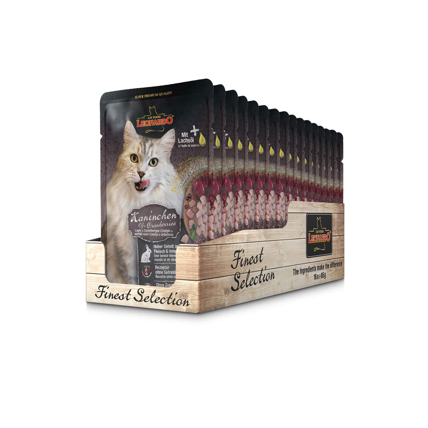 LEONARDO® Finest Selection Buste [16x85g Coniglio + Cranberries] | Cibo umido senza cereali per gatti Adulti