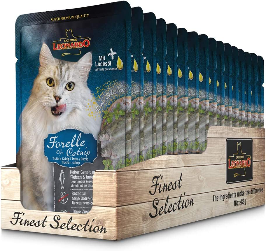 LEONARDO® Finest Selection Buste [16x85g Trota + Catnip] | Cibo umido senza cereali per gatti adulti