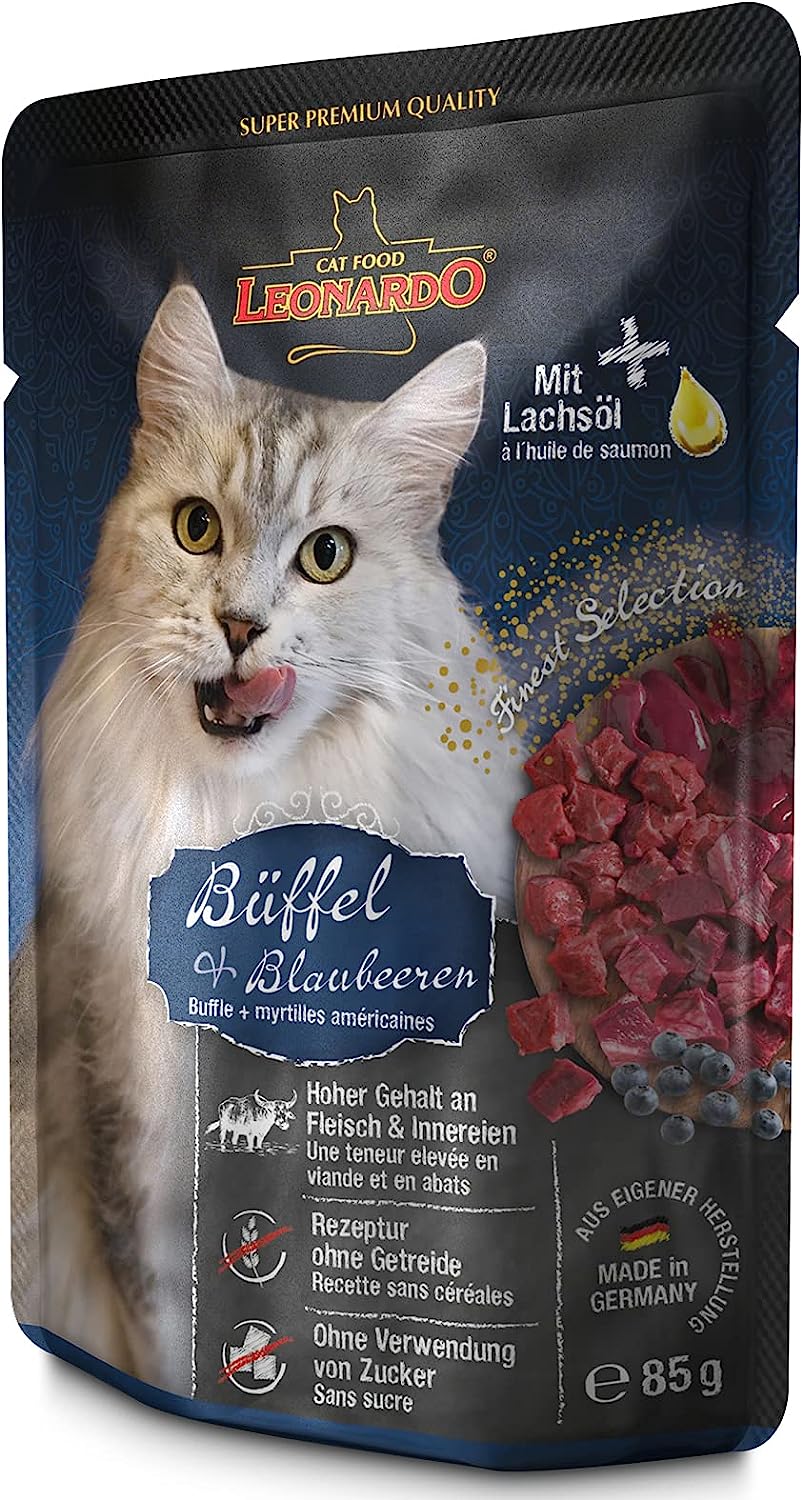 LEONARDO® Finest Selection Buste [16x85g Bufalo + Mirtilli] | Cibo umido senza cereali per gatti adulti