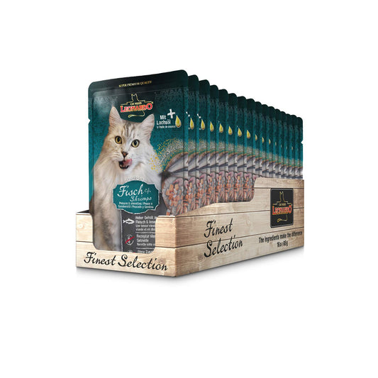 LEONARDO® Finest Selection Buste [16x85g Pesce + Gamberetti] | Cibo umido senza cereali per gatti adulti