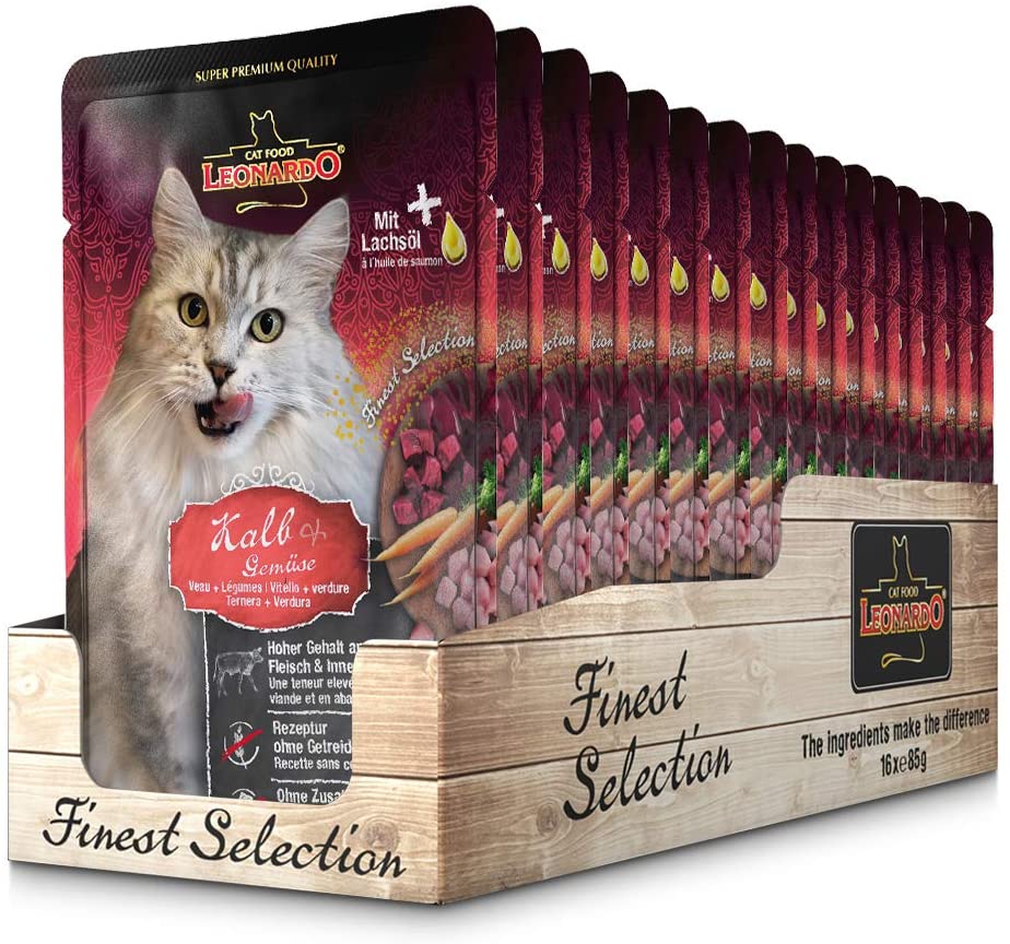 LEONARDO® Finest Selection Buste [16x85g Vitello + Verdure] | Cibo umido senza cereali per gatti adulti