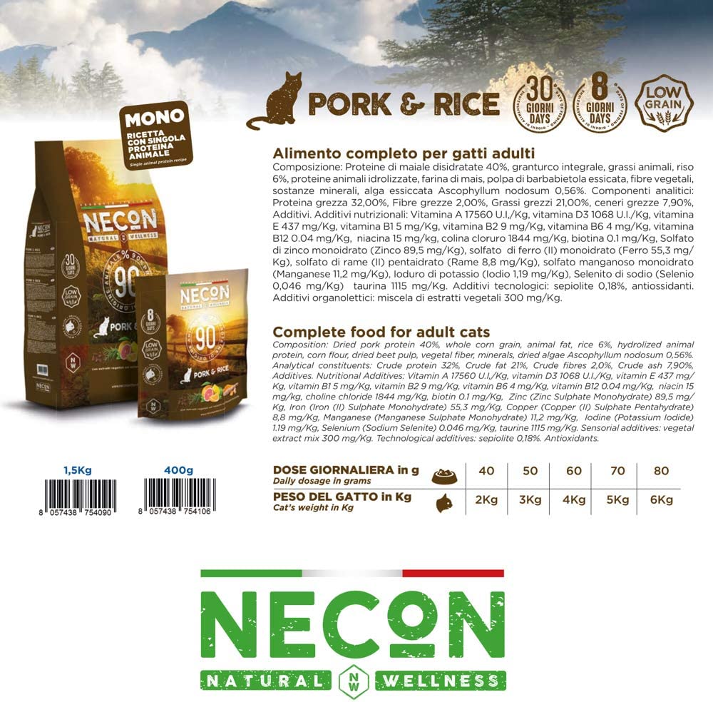 NECON PET FOOD Natural Wellness Adulto Maiale & Riso 1,5 Kg, Cibo per Gatti adulti