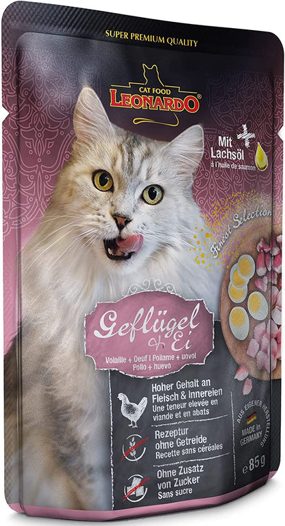 LEONARDO® Finest Selection Buste [16x85g Pollo + Uovo] | Cibo umido senza cereali per gatti adulti
