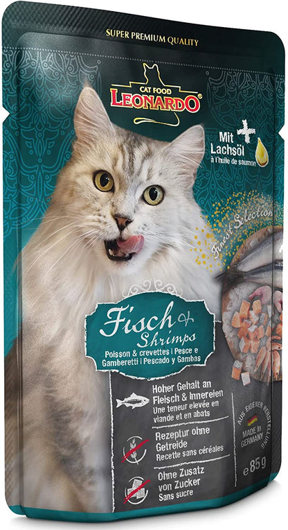 LEONARDO® Finest Selection Buste [16x85g Pesce + Gamberetti] | Cibo umido senza cereali per gatti adulti