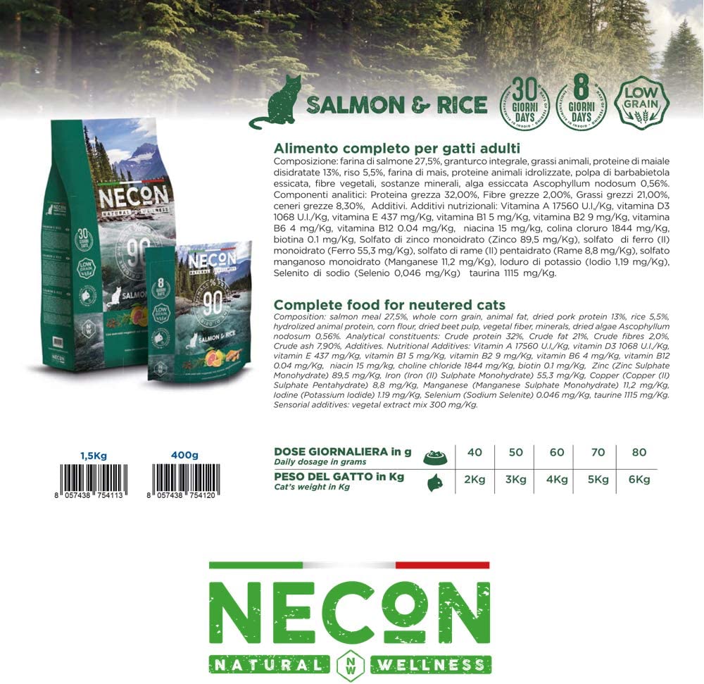 NECON NATURAL WELLNESS- Crocchette per Gatto Adulto -Gusto Salmone e riso 1,5 kg