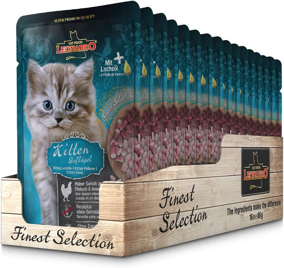 LEONARDO® Finest Selection Buste [16x85g Kitten pollame] | Cibo umido senza cereali per gatti cuccioli