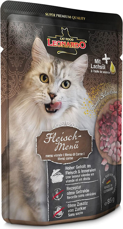 LEONARDO® Finest Selection Buste [16x85g Menu di Carne] | Cibo umido senza cereali per gatti adulti