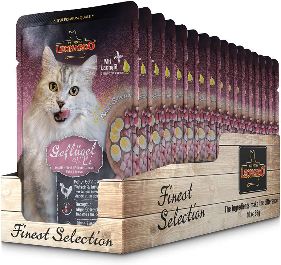 LEONARDO® Finest Selection Buste [16x85g Pollo + Uovo] | Cibo umido senza cereali per gatti adulti